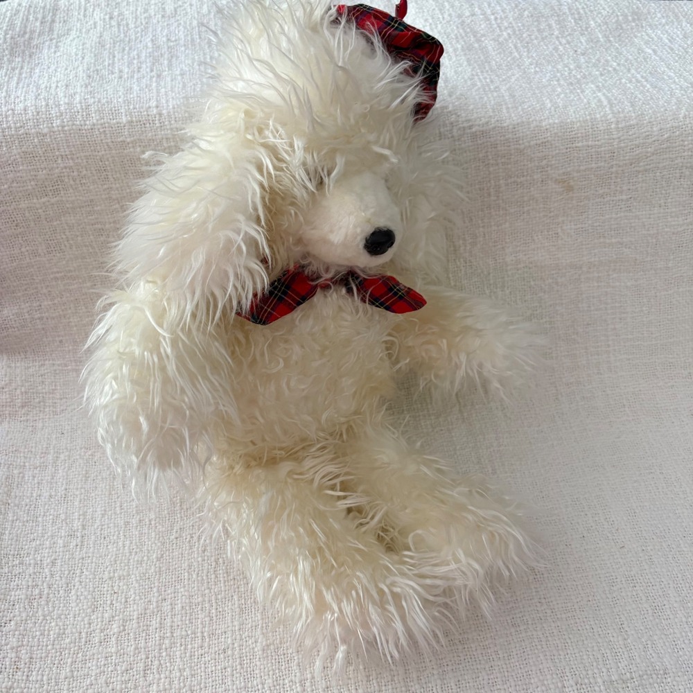 Pierre White Poodle Plush Stuffed Animal Red Plaid Beret Bowtie Shaggy Dog